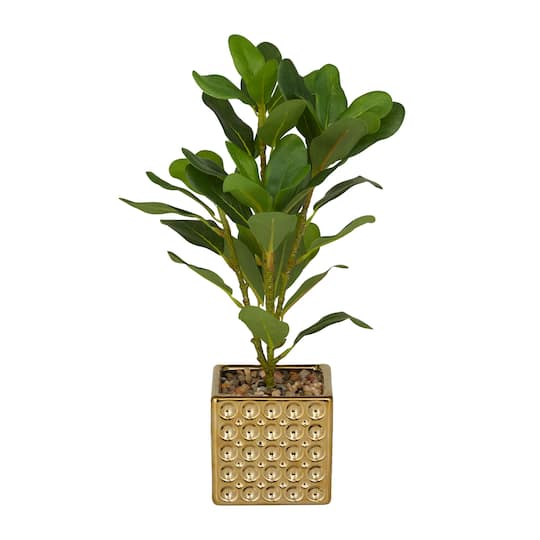 15" Glam Style Evergreen Artificial Foliage in Gold Porcelain Pot